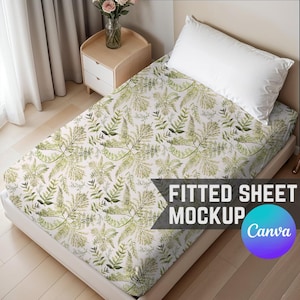 フィットシーツのモックアップ、Canvaでドラッグ＆ドロップして簡単に作れるAOPツインサイズマットレスカバー寝具のモックアップ。Printify POD用のシンプルでミニマルなデザイン