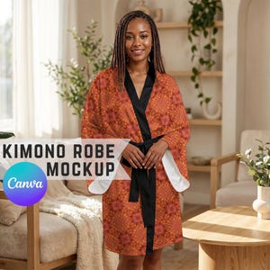 May include: A woman wearing an orange kimono robe with a black sash and trim. The robe has a geometric pattern in shades of orange, red, and yellow. The text "KIMONO ROBE MOCKUP" is displayed on the image.