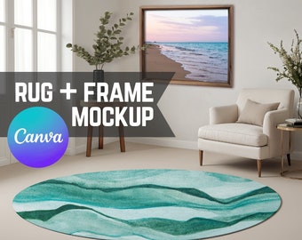 Round Rug + Frame Mockup, Canva Home Decor Drag & Drop Editable Transparent PNG Circular Accent Carpet Mock Up w/ Wall Art in a Minimal Room