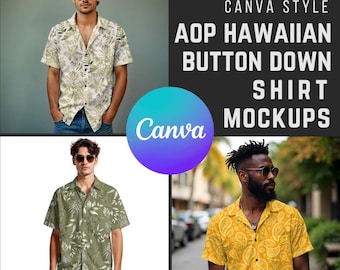 Hawaiian Shirt Mockup Bundle, Easy Transparent PNG Canva Frame Style Mens Fashion Mockup of AOP Short Sleeve Button Down Tees Printify POD