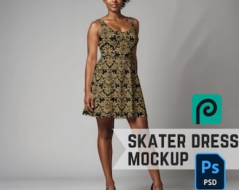 Skater Dress Mockup, Smart Object PSD Photoshop or Photopea Fashion Mockup of a Stylish POC in a Sleeveless Dress for Print on Demand POD
