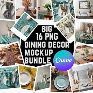 May include: A set of 16 PNG dining decor mockups for Canva. The mockups feature various table settings with different patterns and colors, including a blue and white patterned tablecloth, a green and white patterned tablecloth, and a yellow and white patterned tablecloth. The mockups are perfect for showcasing your designs for tablecloths, placemats, napkins, and other dining decor.