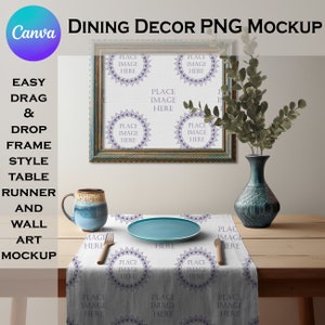 May include: A mockup of a dining room table setting with a white table runner featuring a repeating pattern of purple mandala designs. A blue ceramic mug, a blue plate, and a wooden fork are on the table runner. A framed canvas print with a similar mandala design hangs on the wall behind the table. A vase with a leafy green plant sits on the table.