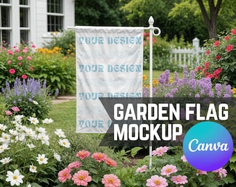 Garden Flag Mockup, Easy Canva Drag & Drop Transparent PNG House or Lawn Banner Mock w/ Elegant Floral Cottagecore Vibes for Print on Demand