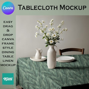 Mockup di tovaglia Canva, arredamento per tavolo da pranzo Lino Drag & Drop Mock up da cucina personalizzabile PNG trasparente con vibrazioni Cottagecore per POD Shop