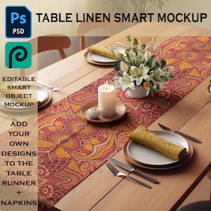 May include: A mockup of a table runner and napkins with a colorful, intricate pattern. The runner is laid out on a wooden table with a white candle and a vase of white lilies. The text "TABLE LINEN SMART MOCKUP" is at the top of the image.