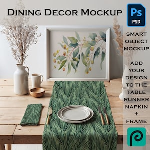 Dining Decor Mockup, Table Runner, Napkin & Frame Smart Object PSD Customizable Kitchen Mock with Boho Cottagecore Vibes for Print on Demand