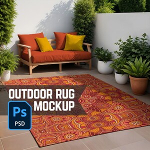 May include: Outdoor rug mockup featuring a colourful patterned rug with red, orange, and yellow hues. The rug is placed on a patio with a wooden bench and potted plants.