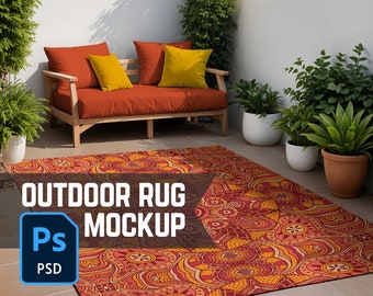 PSD Outdoor Rug Mockup, Smart Object Photoshop or Photopea Patio Decor Carpet Mock w/ Minimal Cottagecore Garden Vibes for Print on Demand