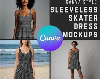 Skater Dress Mockup Bundle, Easy Transparent PNG Canva Frame Style Fashion Mockups of a Trendy Womens Sleeveless Dress for Print on Demand