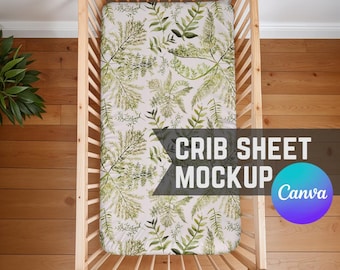 Crib Sheet Mockup, Drag + Drop Transparent Canva PNG Baby Cot Bedding Nursery Decor Mock Up w/ Minimal Cottagecore Vibes for Print on Demand