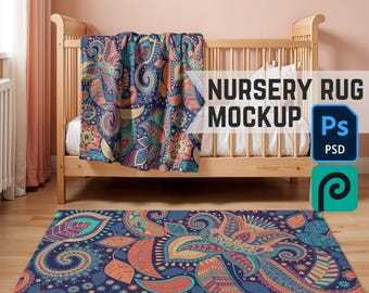 Nursery Rug Mockup, Photoshop Smart Object PSD Rectangular Carpet & Baby Blanket Home Decor Mock Up w Minimal Vibes for Print on Demand POD