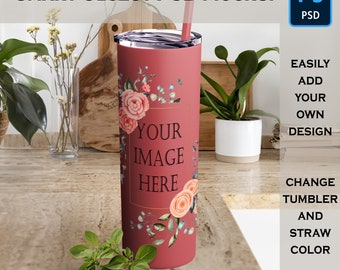 Skinny Tumbler Mockup, Fully Customizable Smart Object PSD Mock of a Maars Tapered Travel Mug w/ Straw in Boho Kitchen for Print on Demand