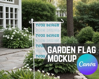 Garden Flag Mockup, Easy Canva Drag & Drop Transparent PNG House or Lawn Banner Mock up w/ Elegant Floral Landscaping for Print on Demand