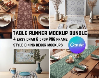 Table Runner Mockup Bundle, 4 Canva Drag & Drop PNG Cottagecore Home Decor Mocks of Dining Linens, Cloth Napkins + Wall Art Frames for POD