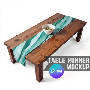 May include: A wooden table with a green and blue patterned table runner. The table runner is made of fabric and has a wavy design. A small white bowl with nuts is on the table runner. The text "TABLE RUNNER MOCKUP Canva" is on the table.