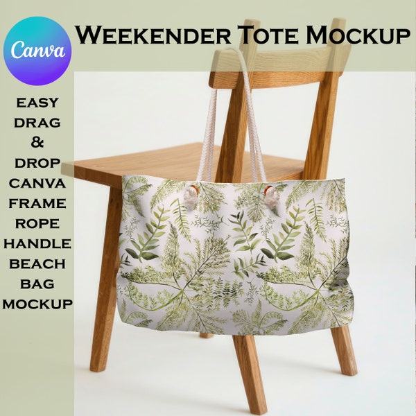 Weekender Tote Mockup, Easy Canva Drag & Drop Transparent PNG Customizable AOP Large Beach Bag Mock Up w/ Rope Handles for Print on Demand
