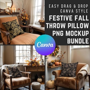 Fall Pillow Mockup Bundle, Canva Drag & Drop Transparent PNG Witchy Decor Throw Cushion Mocks w/ Autumn Thanksgiving Halloween Vibes for POD
