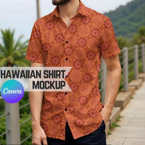 May include: Orange Hawaiian shirt with a repeating geometric pattern in shades of red and yellow. The shirt has short sleeves and black buttons. The text "HAWAIIAN SHIRT MOCKUP" is displayed on the shirt.