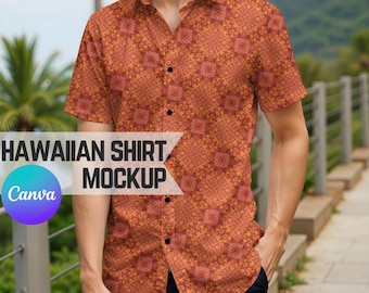 Hawaiian Shirt Mockup, Easy Transparent PNG Canva Frame Style Fashion Mockup of a Man in an AOP Short Sleeve Button Down Top on an Island