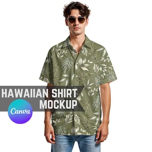 May include: A green Hawaiian shirt with a white leaf pattern. The shirt has a button-down collar and short sleeves. The shirt is being modelled by a person wearing sunglasses.