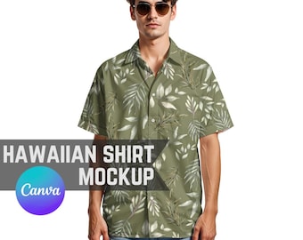 Hawaiian Shirt Mockup, Easy Transparent PNG Canva Frame Style Fashion Mockup of a Stylish Man in AOP Short Sleeve Button Down Printify Top
