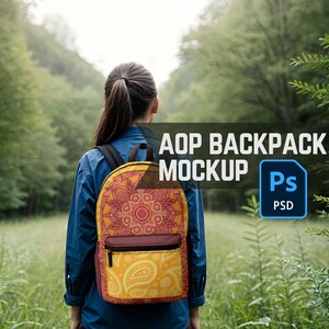 AOP Backpack Mockup, Smart Object PSD Photoshop or Photopea Customizable Mock of a Casual Woman Carrying a Book Bag for Print on Demand POD