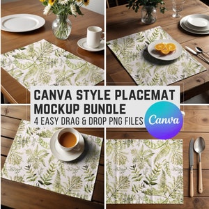 Set di mockup di tovagliette Canva, 4 tovagliette da cucina Trascina e rilascia PNG trasparenti di un arredamento rustico per la tavola da pranzo per la stampa su richiesta