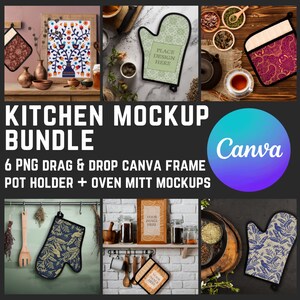 May include: A set of six kitchen mockups featuring a variety of oven mitts and pot holders. The mockups are designed to be used with Canva, a graphic design platform. The mockups feature a variety of designs, including floral, geometric, and abstract patterns. The mockups are perfect for showcasing your own designs or for creating marketing materials for your kitchen products.