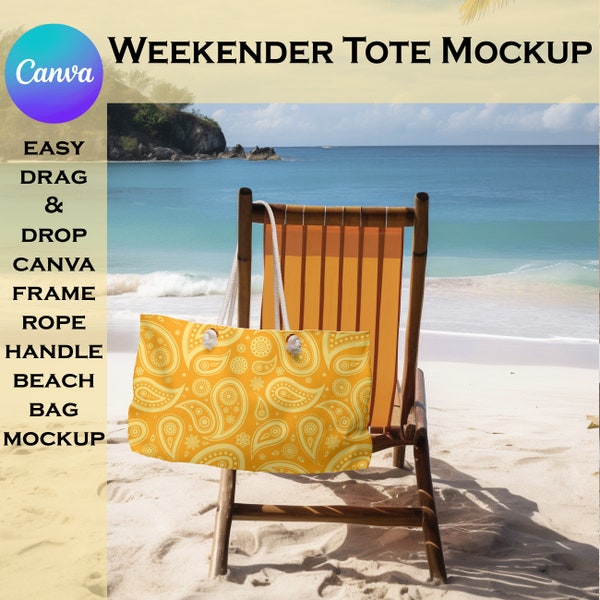 Beach Bag Mockup, Canva Drag & Drop Transparent PNG Customizable AOP Large Weekender Tote Mock w Rope Handles on a Tropical Vacation for POD
