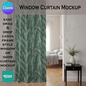 May include: A mockup of a green leaf patterned curtain hanging in a doorway. The curtain is partially open, revealing a bedroom with a bed, a side table, and a lamp. The text "WINDOW CURTAIN MOCKUP" is at the top of the image.