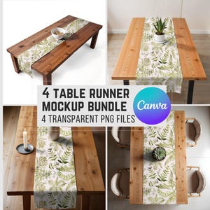 May include: Four table runner mockups featuring a white background with green foliage designs. The table runners are displayed on wooden tables in various settings.