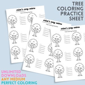 Puede incluir: Tres hojas de papel blancas con contornos de árboles para colorear. Cada hoja tiene múltiples ilustraciones de árboles, una lista de verificación y el texto "erica's cozy colors" y "Tree Coloring Practice". El texto "TREE COLORING PRACTICE SHEET" está en la parte superior.