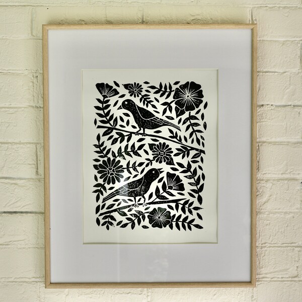 Original Linocut Print with Flowers and Birds | Hand Block Print | Floral Block Print Wall Art | Bird Linocut  Blue and Black Wall Art