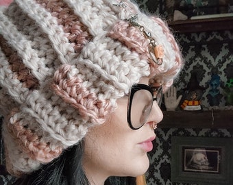 Rose and White Sparkly Crochet Slouchy Beanie