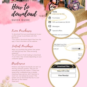 May include: A pink and gold graphic with the text "How to download" and "Quick Guide". The graphic provides instructions on how to download digital files from Etsy purchases. The graphic includes a screenshot of the Etsy website showing the "Purchases" section and the "Download" button.
