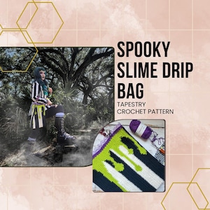 Puede incluir: Un patrón de tapicería de crochet para una bolsa de goteo de slime espeluznante. El patrón presenta hilo verde, blanco y negro. La bolsa es una decoración de Halloween divertida y festiva.