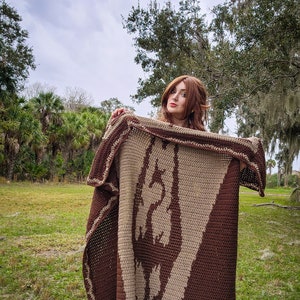 May include: A woman wearing a brown and beige crocheted blanket with a geometric pattern. The blanket is draped over her shoulders and she is holding it up with her hands. She is standing in a grassy field with trees in the background.