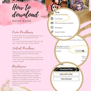 May include: Pink and white graphic with the text "How to download" and a quick guide on how to download digital files from Etsy purchases. The guide includes instructions for initial purchases and a disclosure about digital downloads.