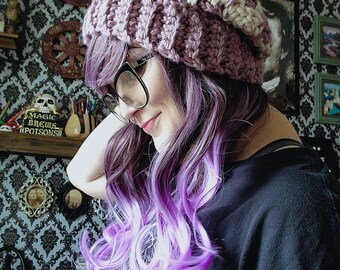 Lavender and Gold Crochet Slouchy Beanie