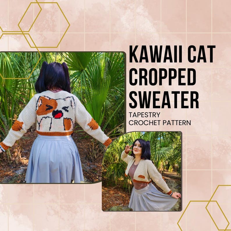 May include: A crochet pattern for a cropped sweater featuring a kawaii cat design. The sweater is cream with brown and orange accents. The pattern is called "Kawaii Cat Cropped Sweater Tapestry Crochet Pattern".