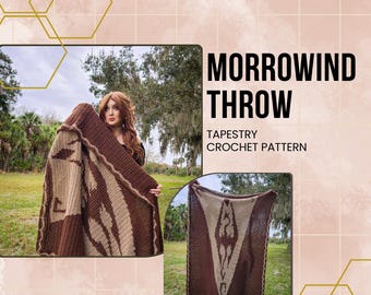 May include: A brown and beige crochet throw blanket with a stylised design inspired by the Morrowind video game. The blanket is shown draped over a person and laid flat on the ground. The text "Morrowind Throw" and "Tapestry Crochet Pattern" is displayed above the blanket.