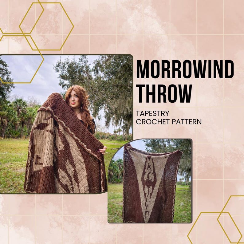 May include: A brown and beige crochet throw blanket with a stylized design inspired by the Morrowind video game. The blanket is shown draped over a person and laid flat on the ground. The text "Morrowind Throw" and "Tapestry Crochet Pattern" is displayed above the blanket.