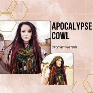 Puede incluir: Un patrón de crochet para un cuello llamado "Apocalypse Cowl". Dos mujeres llevan el cuello, una en una combinación de colores verde y marrón y la otra en una combinación de colores rojo y marrón.