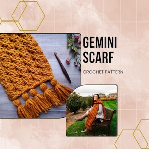 May include: A crochet scarf pattern called "Gemini Scarf" with a close-up of the stitch pattern and a photo of a person wearing the scarf outdoors.