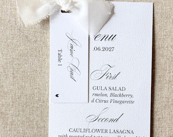 elegant wedding menus with white ribbon and place cards and meal choice | set of 10