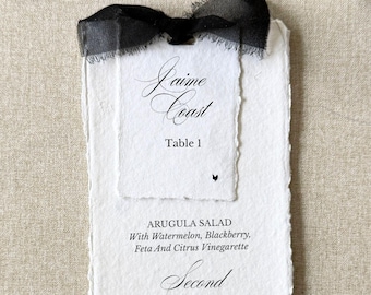 custom menus with black ribbon deckled edges and name cards for weddings, formal events, and parties | set of 10