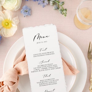 printed handwritten menu wedding, deckled edge wedding menu, custom menu for wedding, place setting, table decor bridal shower wedding menus