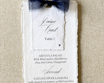 navy dinner menus printed with names on handmade deckled edge paper | set of 10