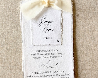 personalized wedding menus with ivory ribbon on handmade paper and placecards | set of 10